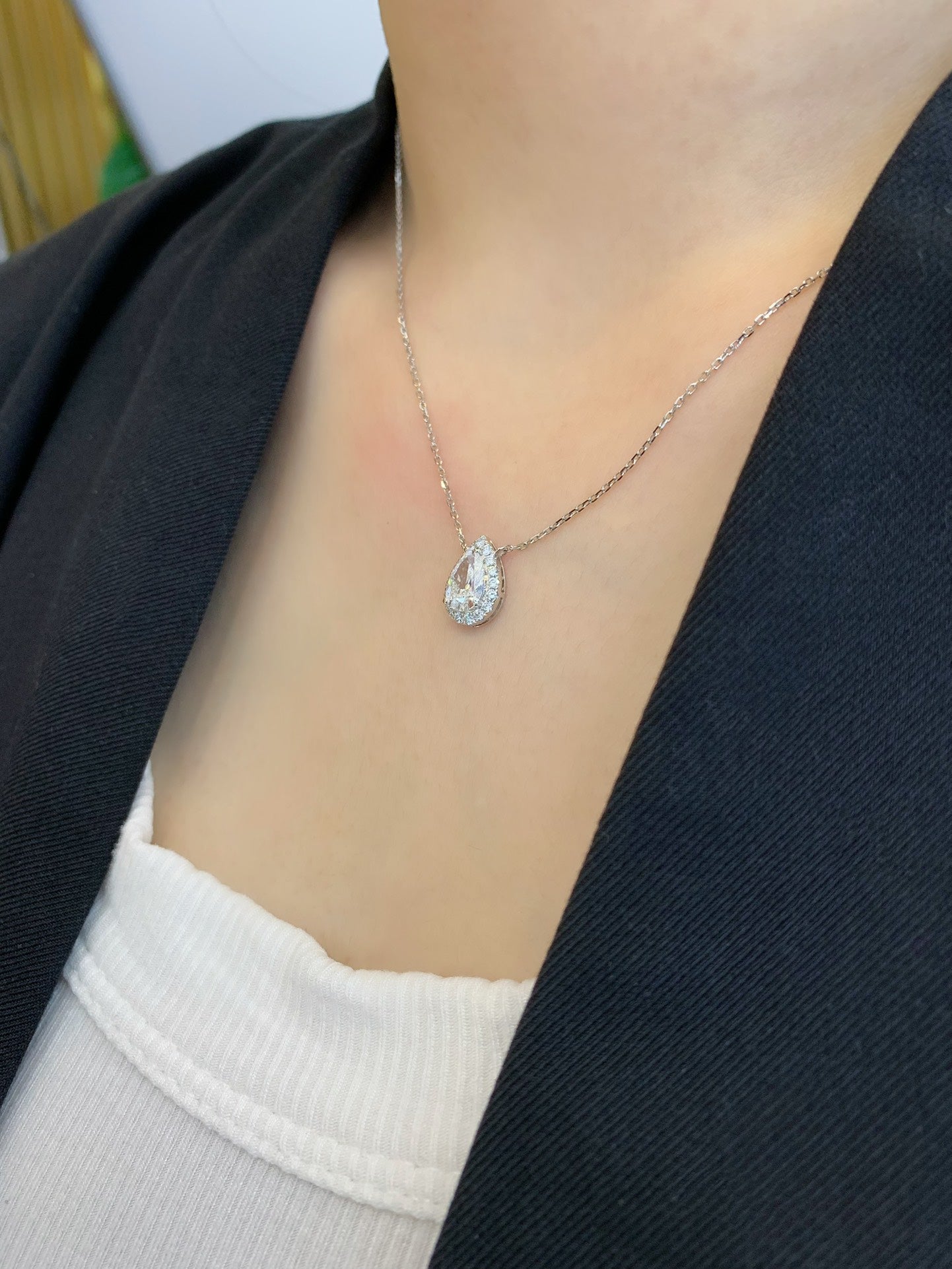 1 Carat Lab-Grown Diamond Pear Halo Pendant Necklace in 14K White Gold