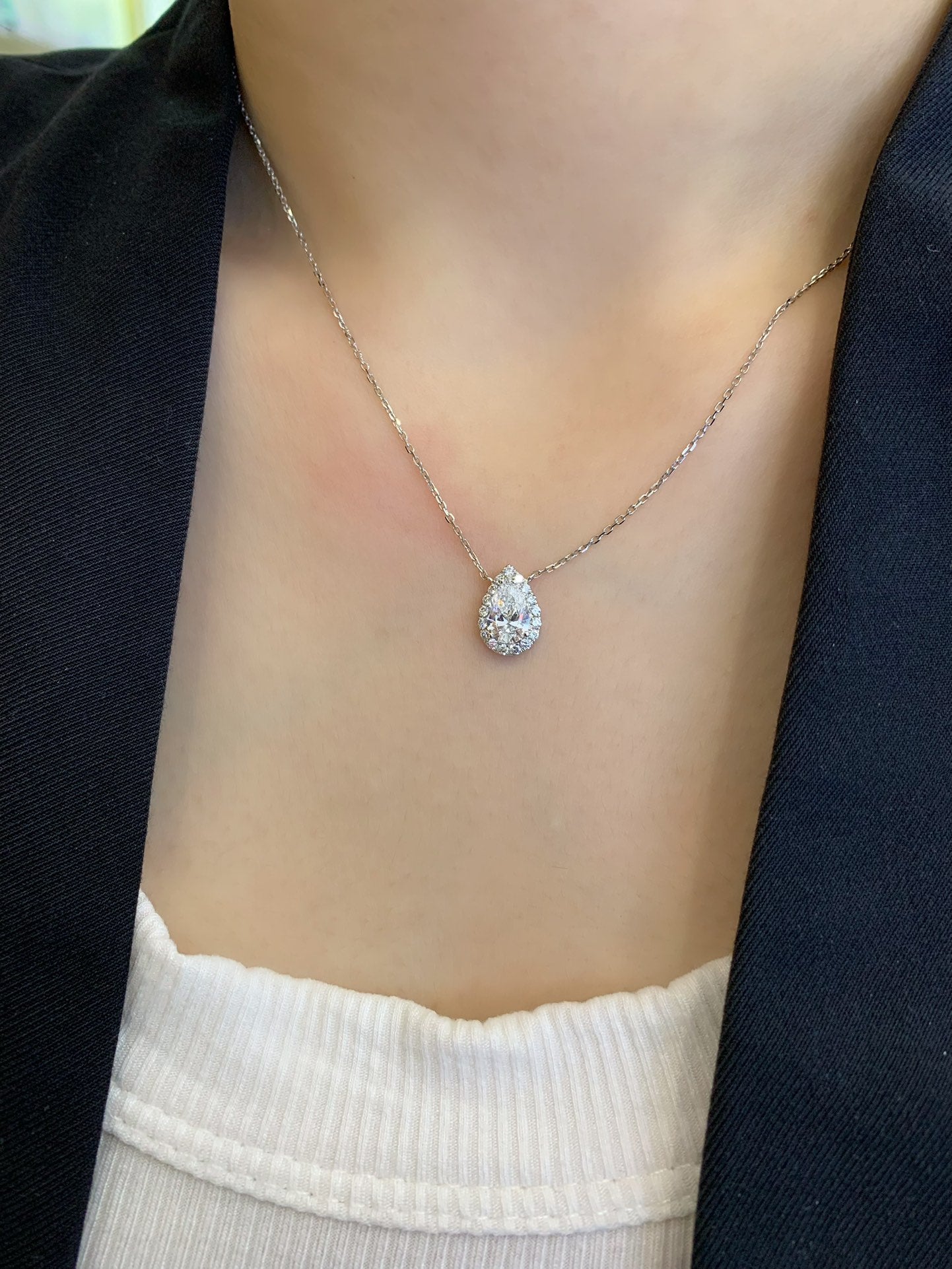 1 Carat Lab-Grown Diamond Pear Halo Pendant Necklace in 14K White Gold