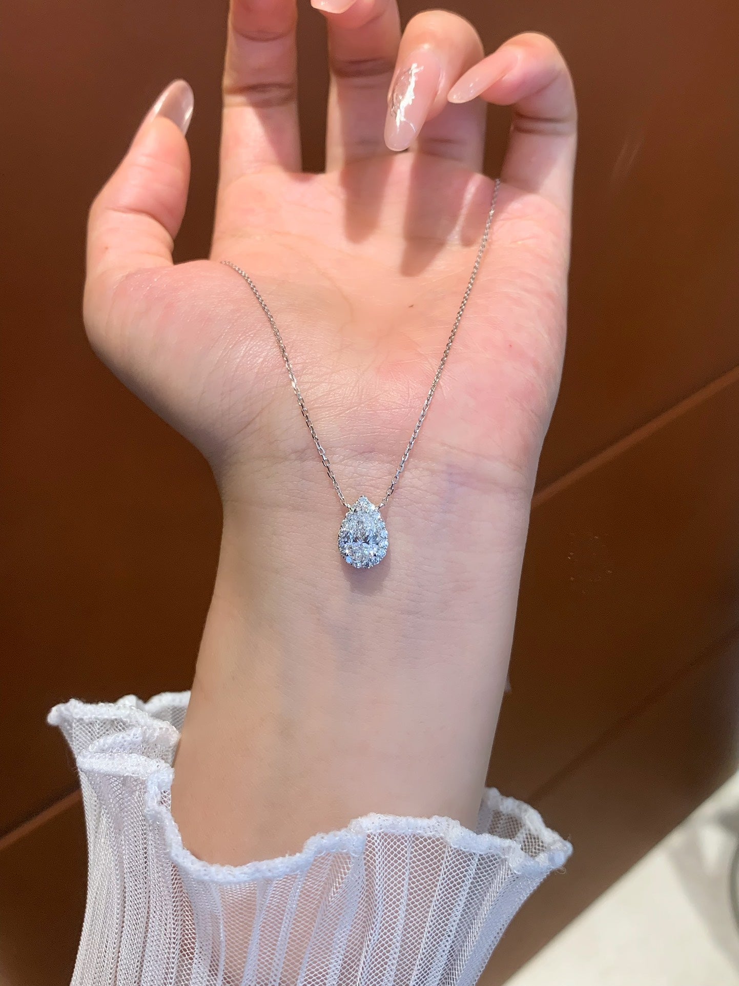 1 Carat Lab-Grown Diamond Pear Halo Pendant Necklace in 14K White Gold