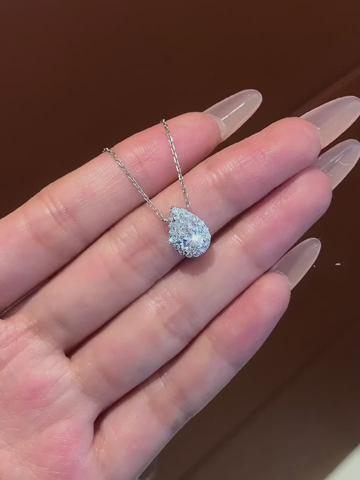 1 Carat Lab-Grown Diamond Pear Halo Pendant Necklace in 14K White Gold