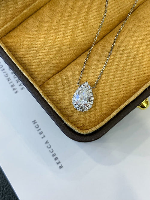1 Carat Lab-Grown Diamond Pear Halo Pendant Necklace in 14K White Gold