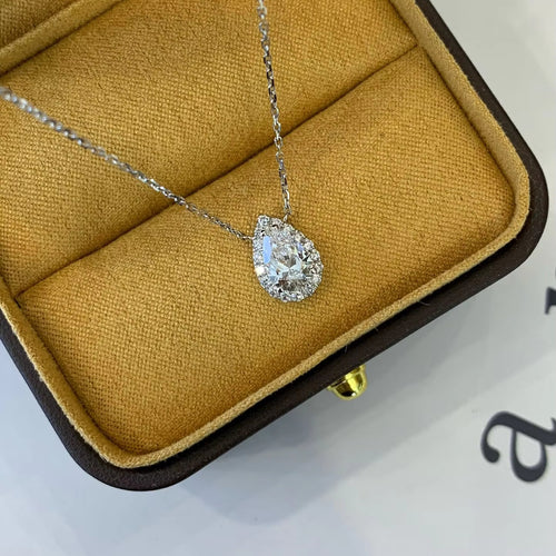1 Carat Lab-Grown Diamond Pear Halo Pendant Necklace in 14K White Gold